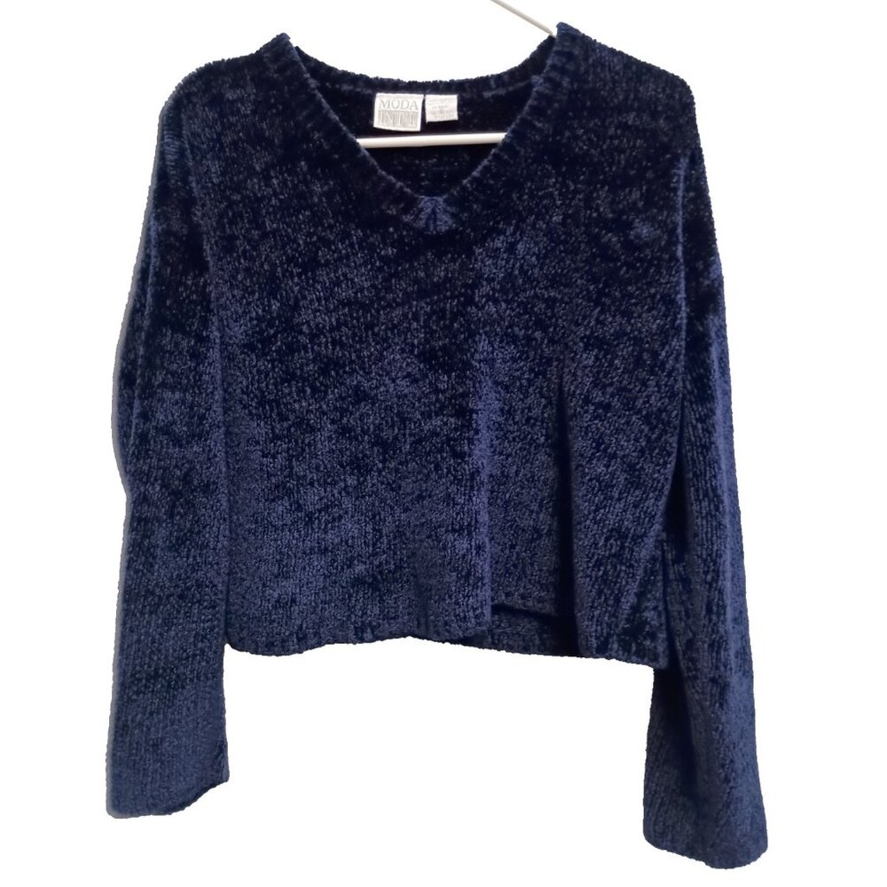 VTG Y2K Moda Int'l Sweater Womens Small Blue Cropped‎ Chanille Grunge Pullover